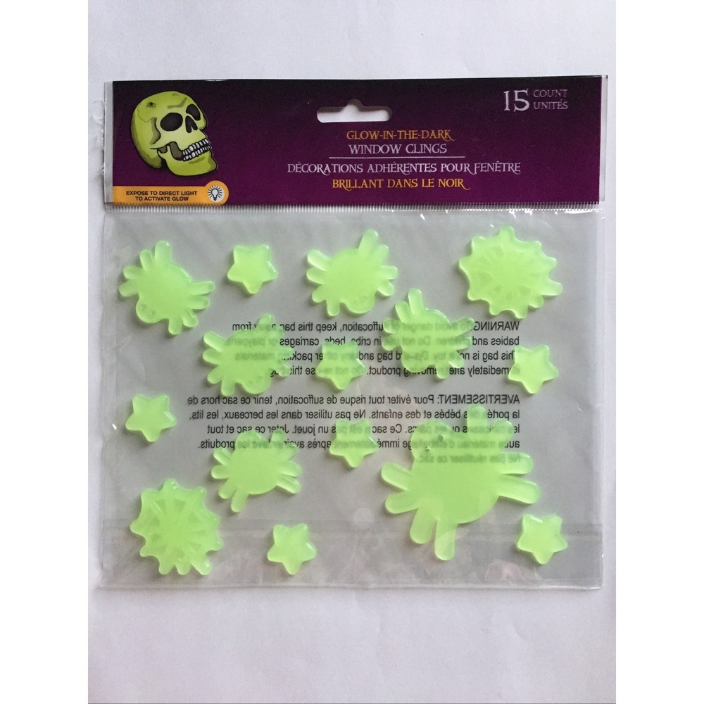 NEW Glow‎ in the Dark HALLOWEEN Window Gel Clings 15 pc Spiders Cob Webs Stars!